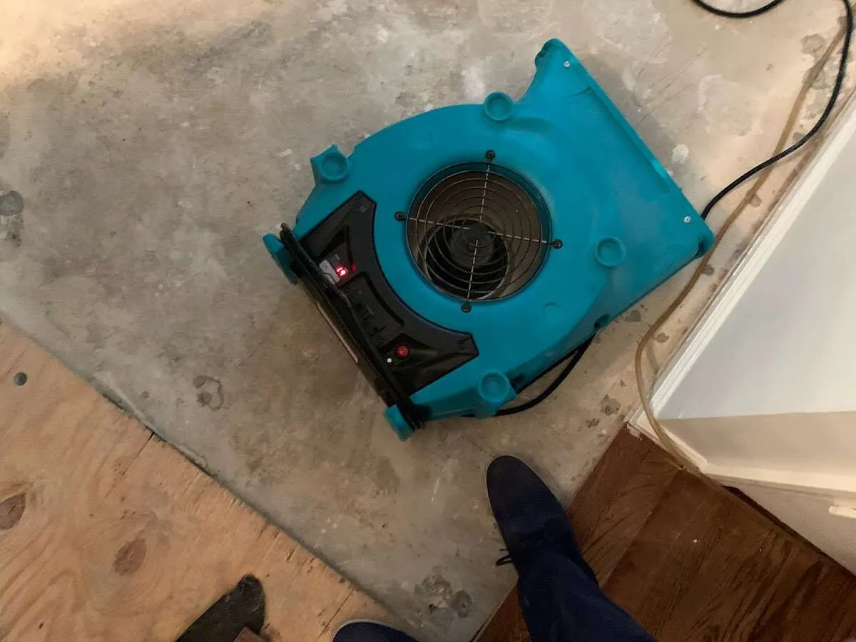 Air mover drying subfloor during Commercial Water Damage Restoration in Wilmington Island